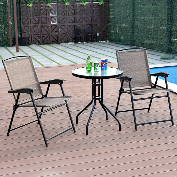 3PC Bistro Patio Garden Furniture Set 2 Folding Chairs Glass Table Top Steel Image 3