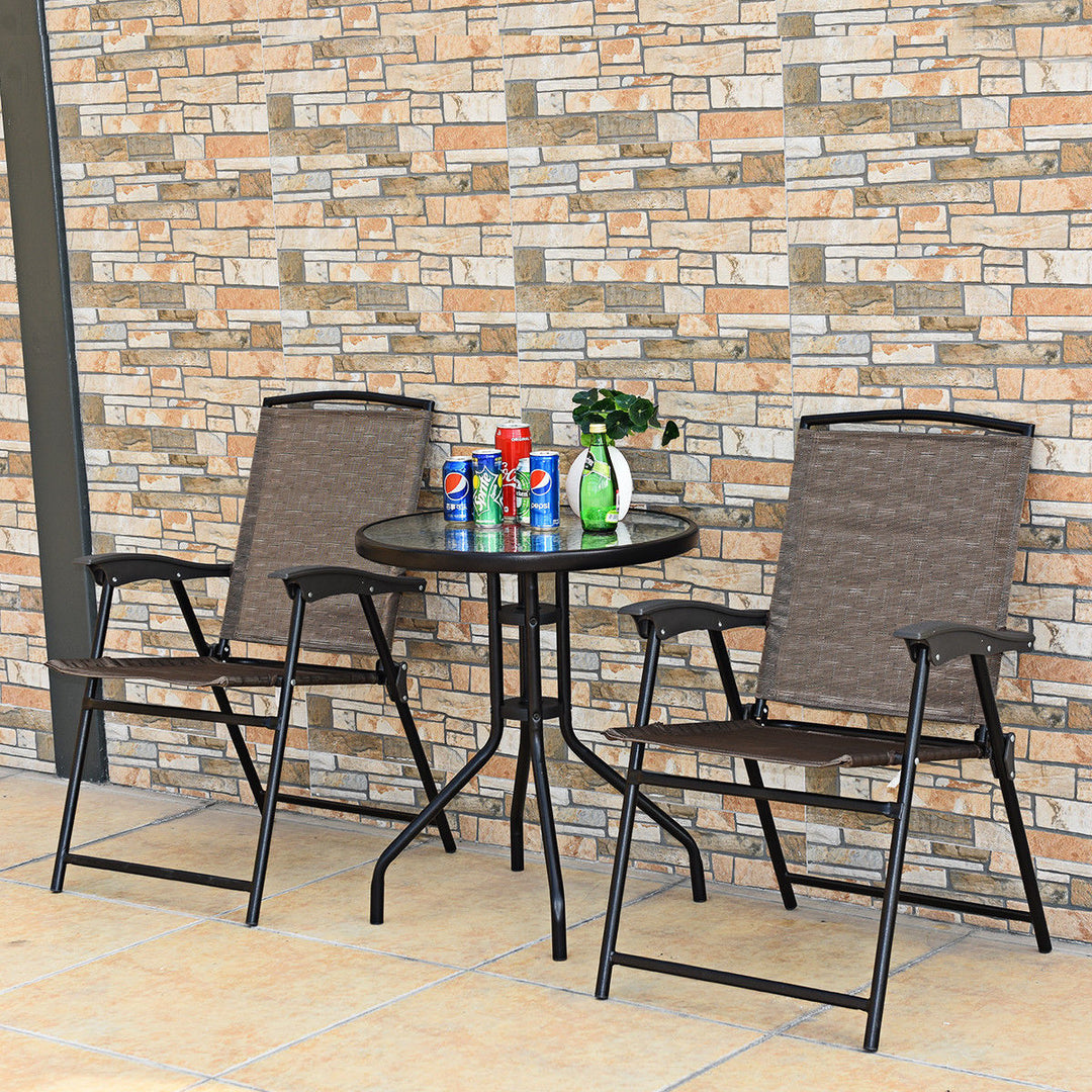 3PC Bistro Patio Garden Furniture Set 2 Folding Chairs Glass Table Top Steel Image 4