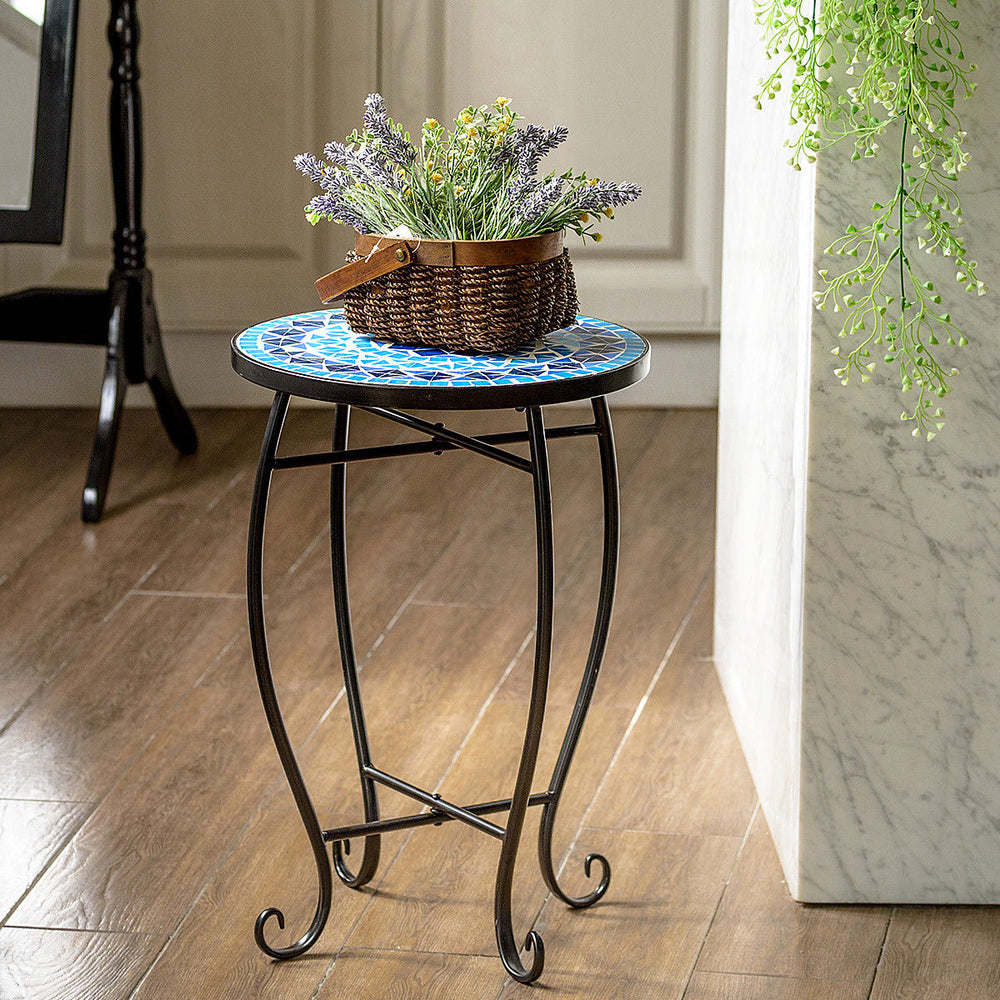 Outdoor Indoor Accent Table,Mosaic Patio Table, Plant Stand Cobalt Blue Color Scheme Garden Steel Image 2