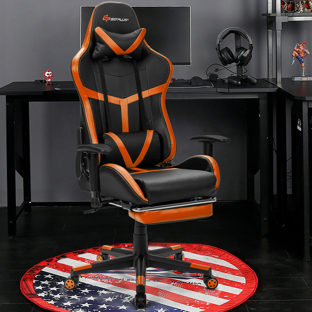 Massage Gaming Chair Reclining Racing Chair with Lumbar Support andFootrest Orange Image 2