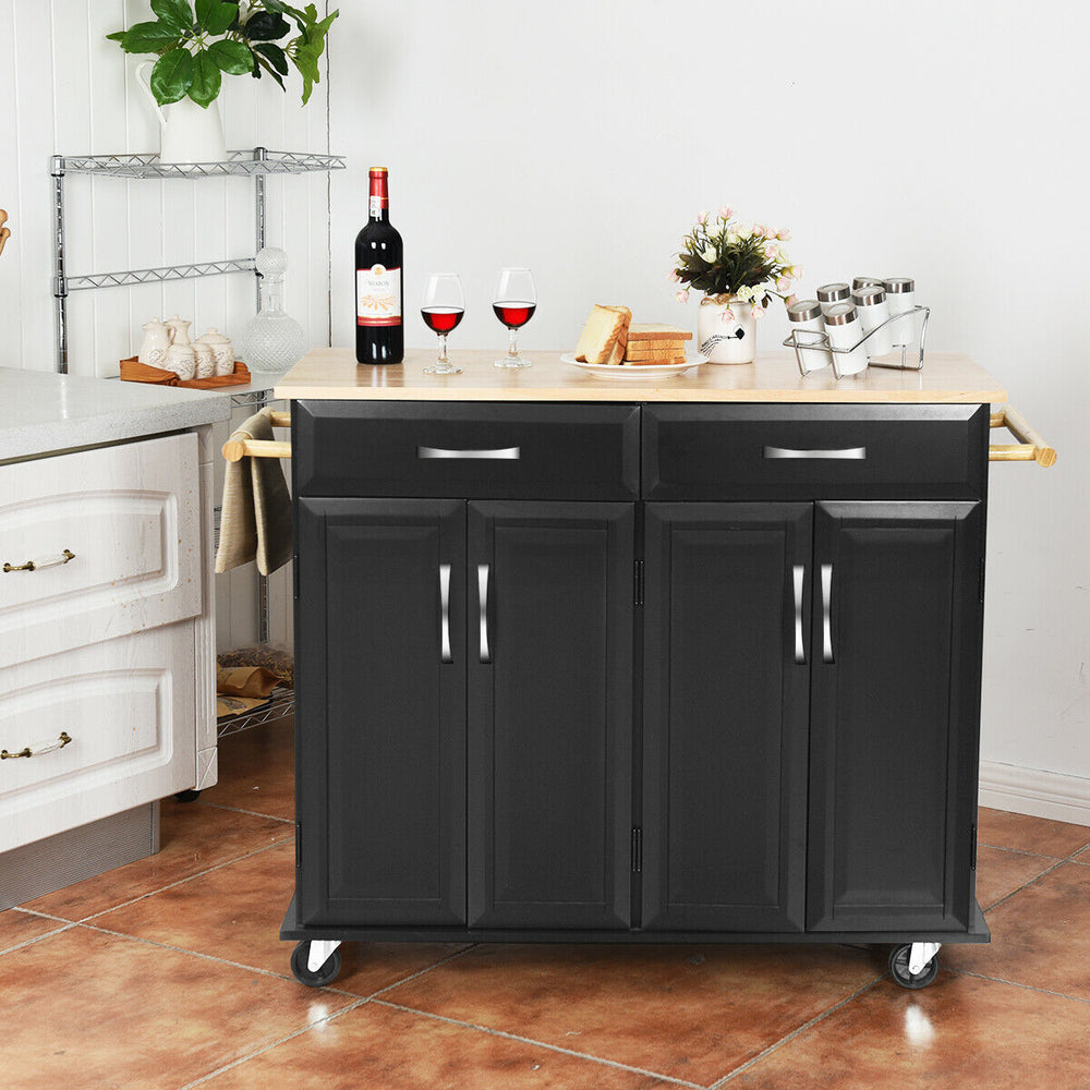 Rolling Kitchen Trolley Island Black Cart Wood Top Storage Cabinet Utility W/ Drawers Image 2