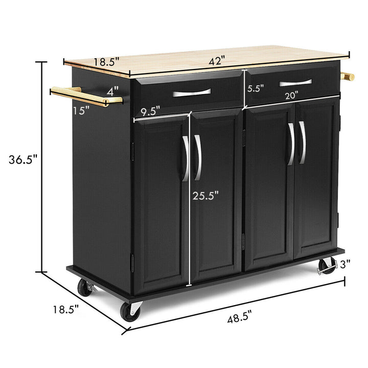 Rolling Kitchen Trolley Island Black Cart Wood Top Storage Cabinet Utility W/ Drawers Image 3