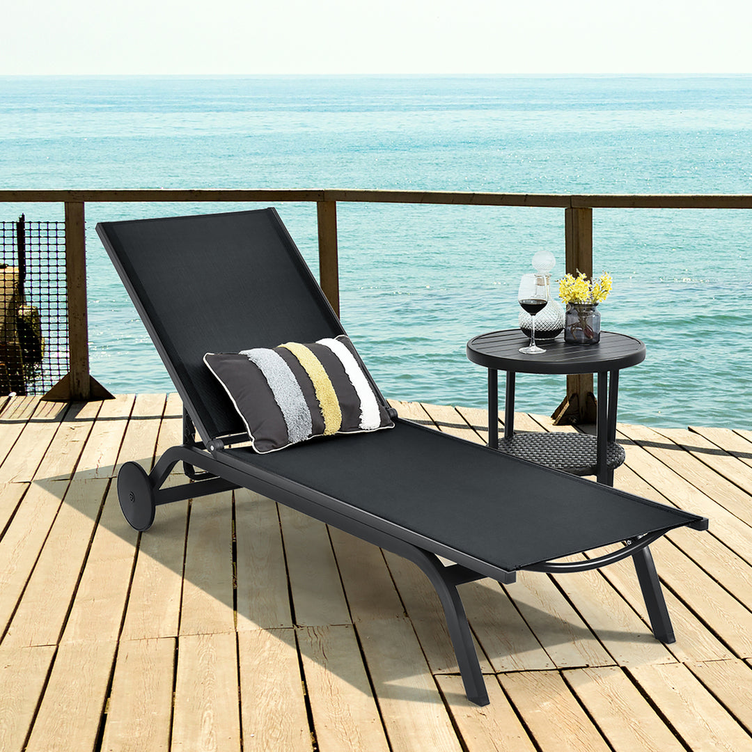 Outdoor Lounge Chair Chaise Reclining Aluminum Fabric Adjustable Black Image 2