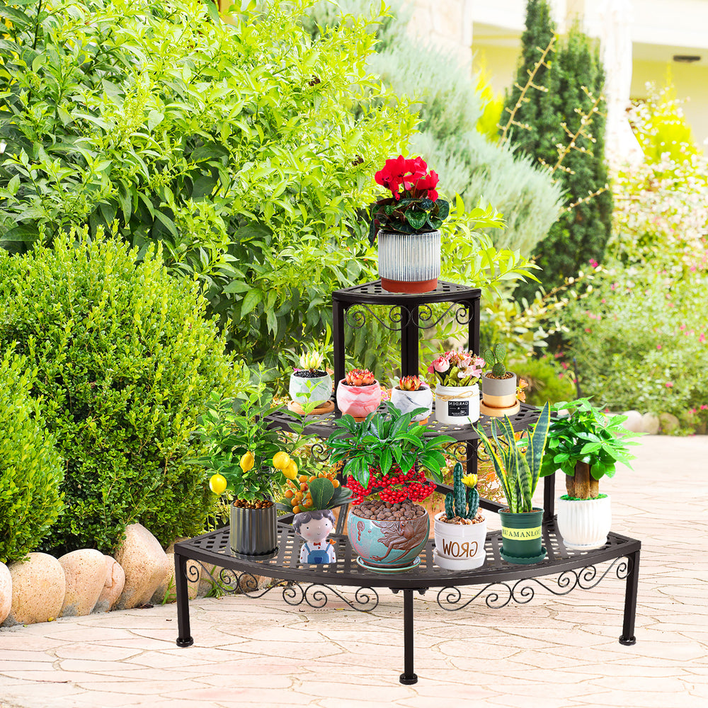 Ironwork Fan-shaped 3-tier Pot Plant Stand, Stair-step Design to Accommodate More Greenery Image 2