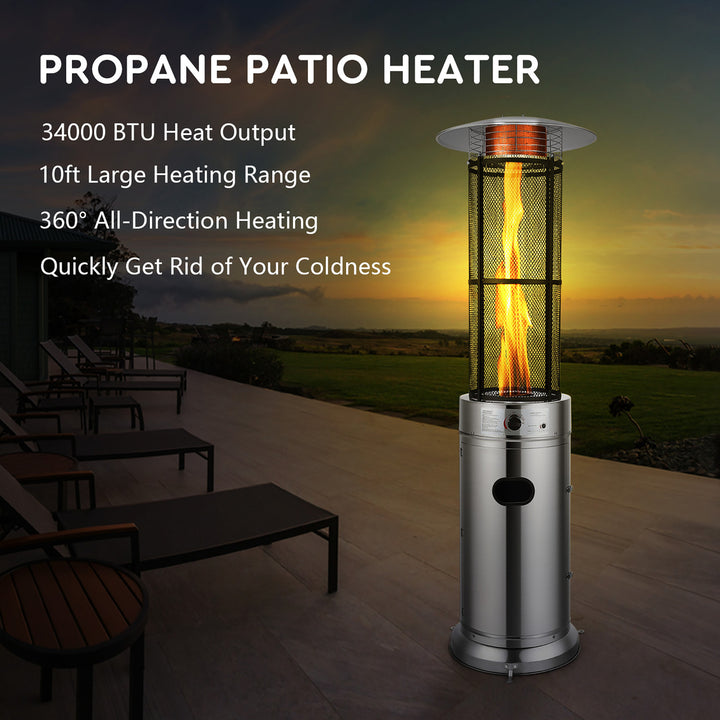 34000 BTU Patio Heaters Stainless Steel Round Propane Glass Tube Flame W/Wheels Image 4