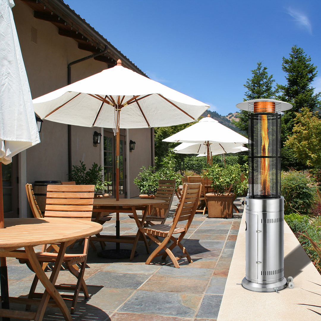 34000 BTU Patio Heaters Stainless Steel Round Propane Glass Tube Flame W/Wheels Image 6