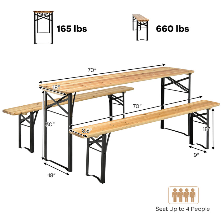 3 PCS Beer Table Bench Set Folding Wooden Top Picnic Table Patio Garden Image 3