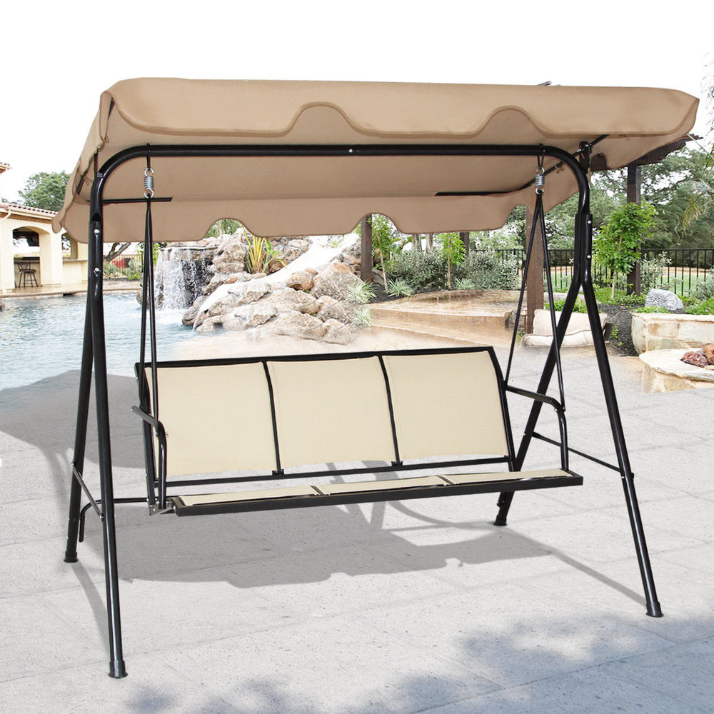 3 Person Outdoor Patio Swing Canopy Awning Yard Furniture Hammock Steel Beige Image 2