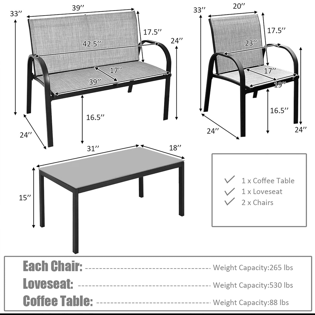 4 PCS Patio Furniture Set Sofa Coffee Table Steel Frame Garden Deck Gray Image 2