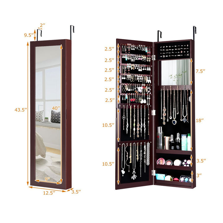 Wall Door Mounted Mirrored Jewelry Cabinet Storage Organizer-Brown Image 2