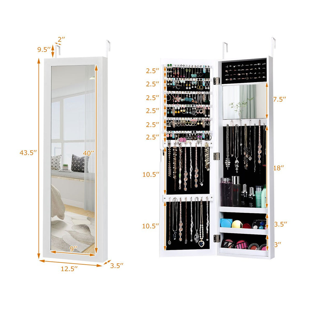 Wall Door Mounted Mirrored Jewelry Cabinet Storage Organizer White Image 2