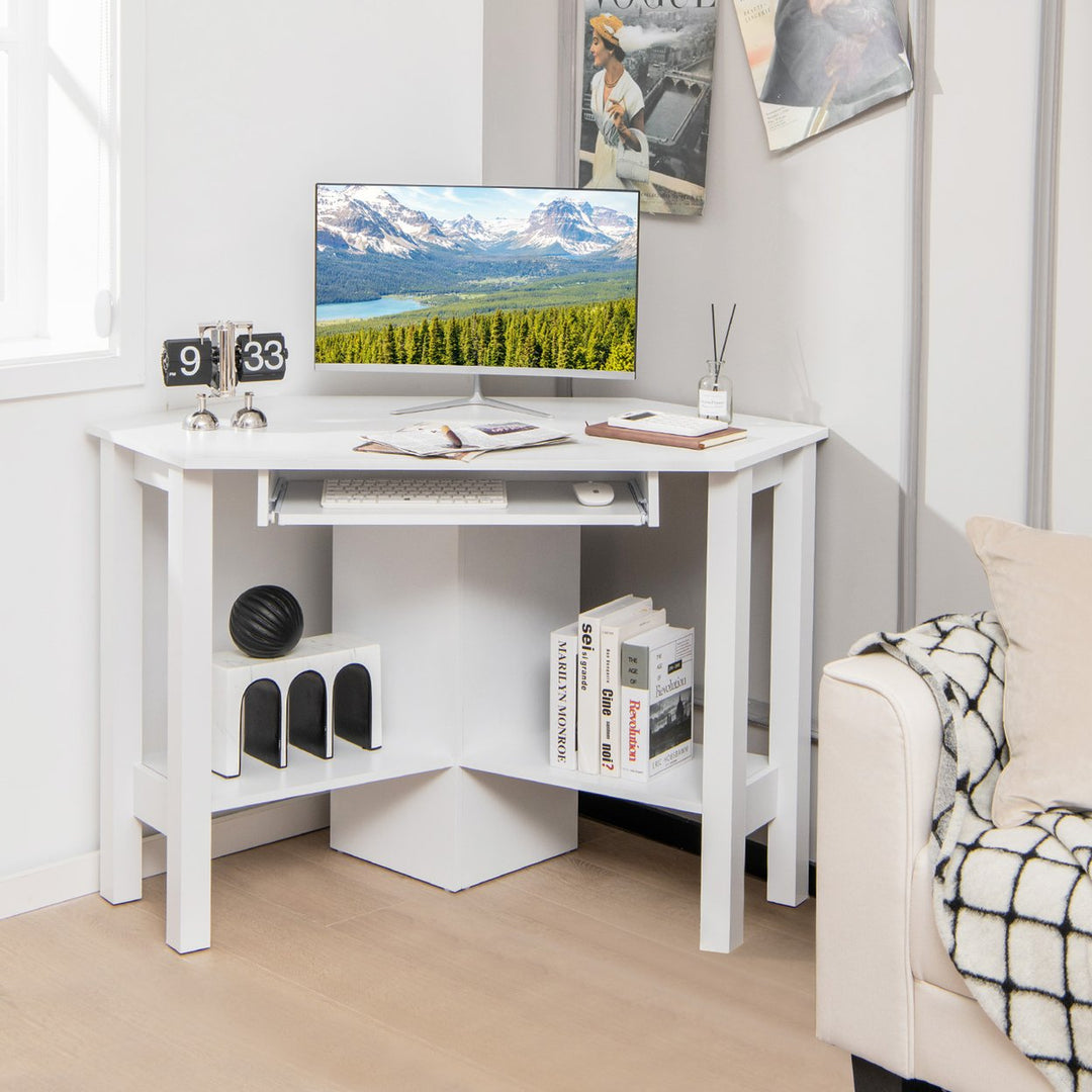 Wooden Corner Desk With Drawer Computer PC Table Study Office Room White Image 3