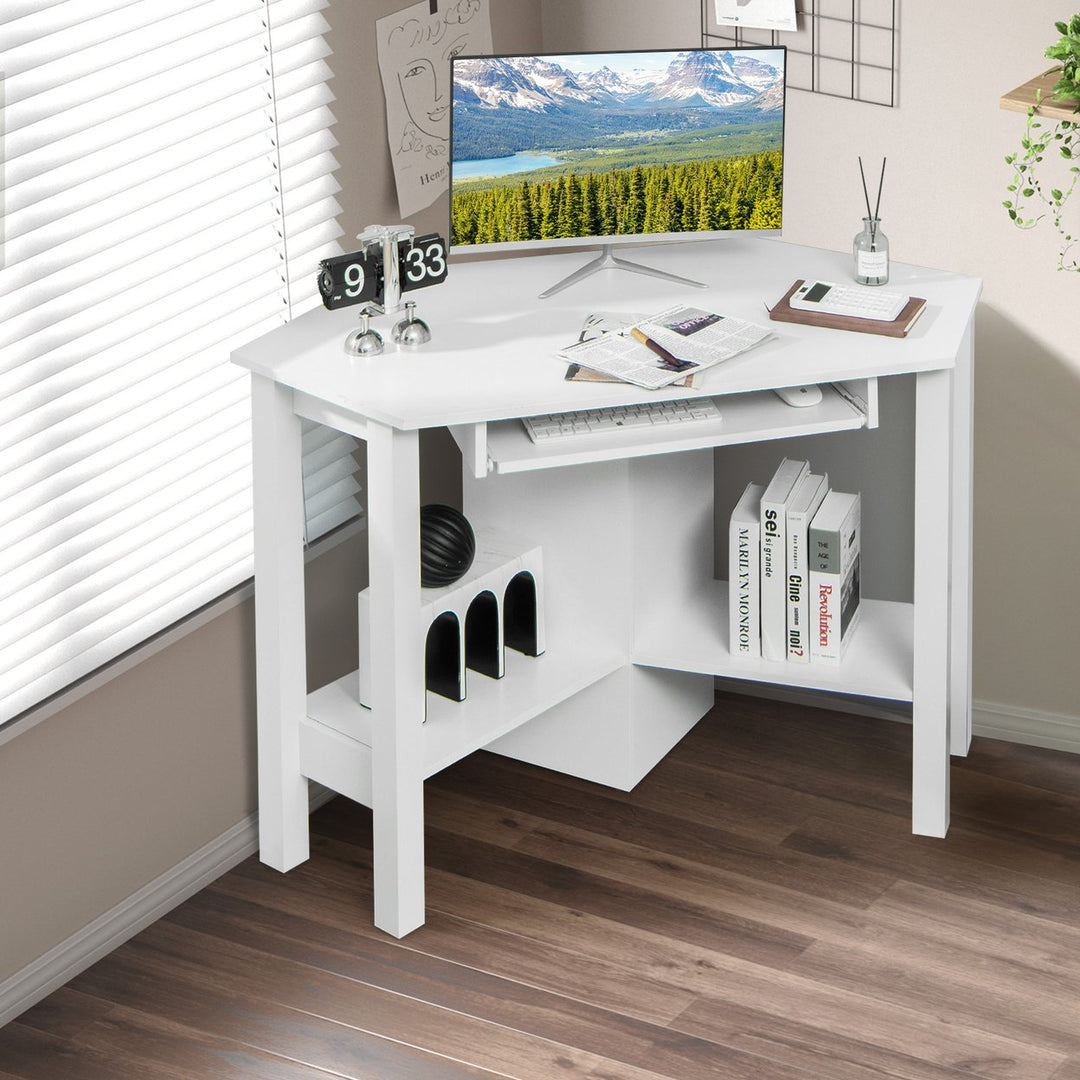 Wooden Corner Desk With Drawer Computer PC Table Study Office Room White Image 4