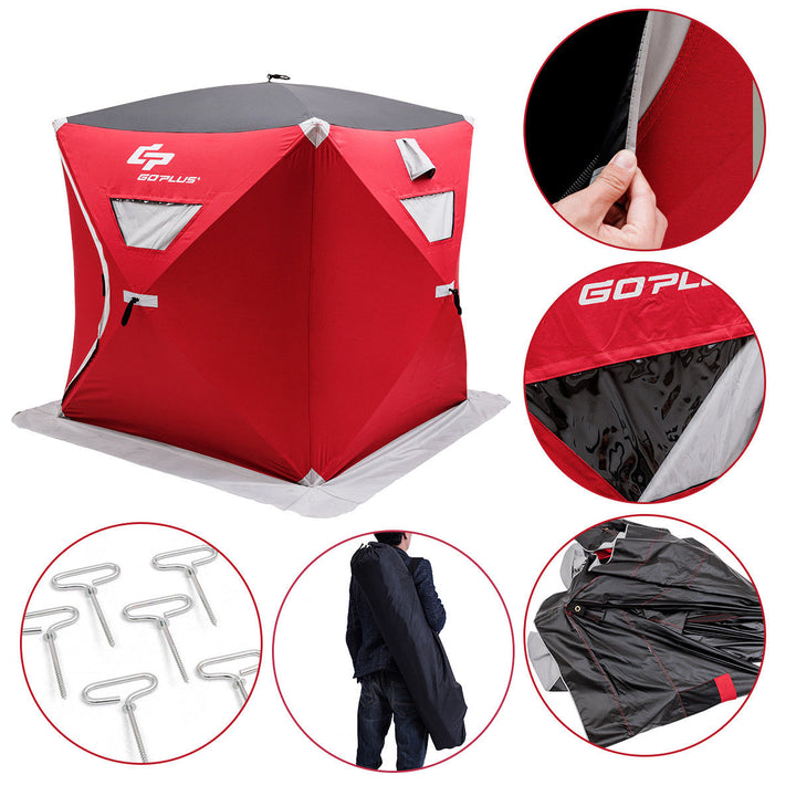 Portable Pop-up 2-person Ice Shelter Fishing Tent Shanty w/ Bag Ice Anchors Red Image 2