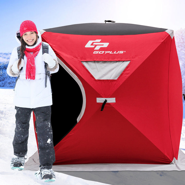 Portable Pop-up 2-person Ice Shelter Fishing Tent Shanty w/ Bag Ice Anchors Red Image 3