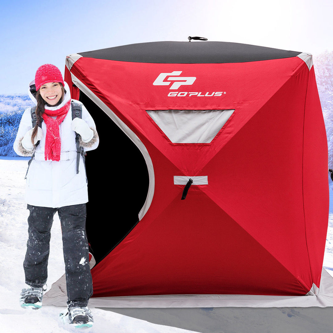 Portable Pop-up 4-person Ice Shelter Fishing Tent Shanty w/ Bag Ice Anchors Red Image 3