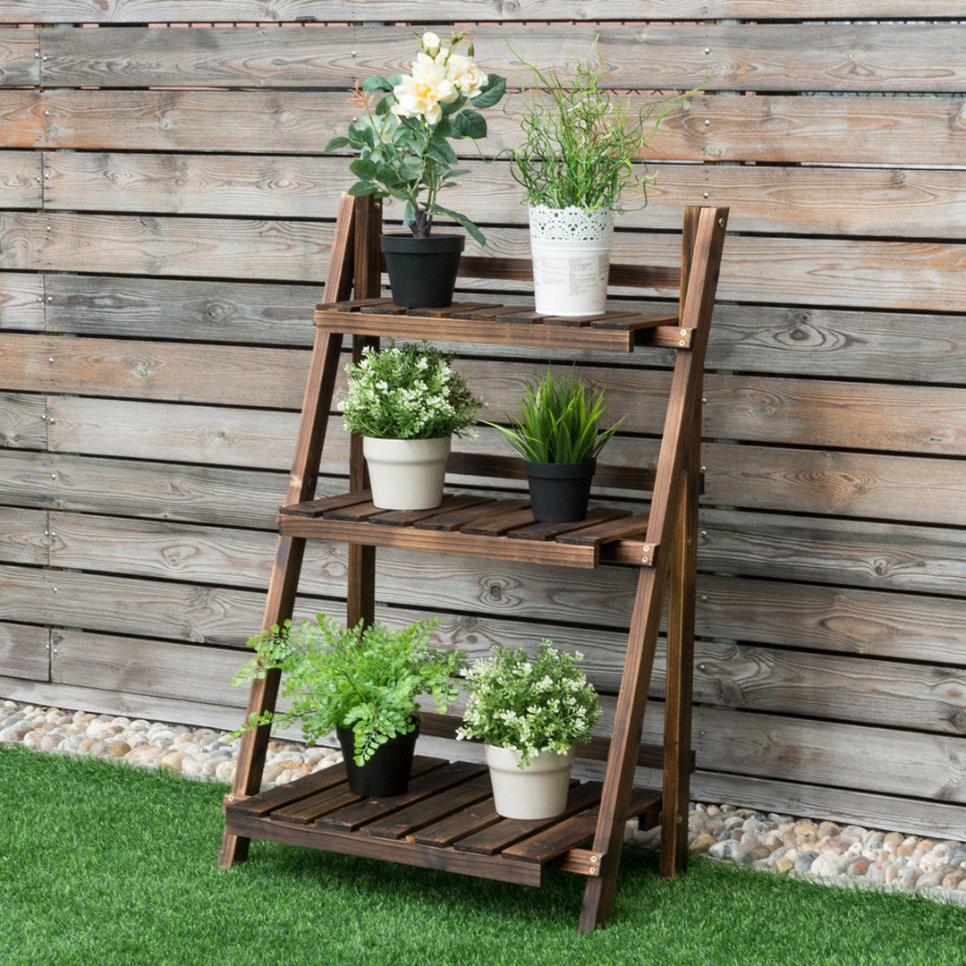 3 Tier Outdoor Wood Design Flower Pot Shelf Stand Folding Display Rack Garden Image 3