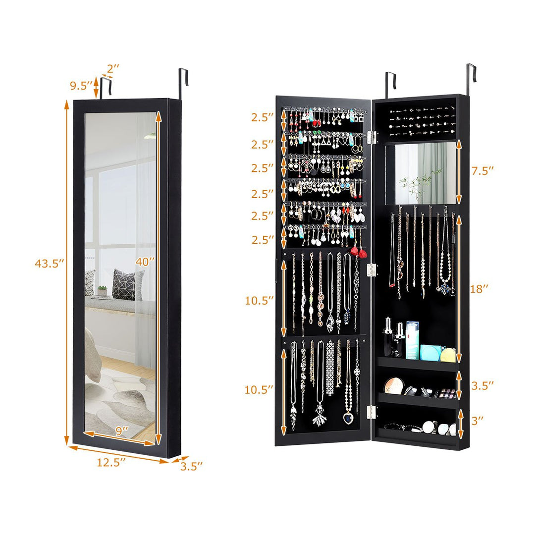 Wall Door Mounted Mirrored Jewelry Cabinet Storage Organizer-Black Image 4