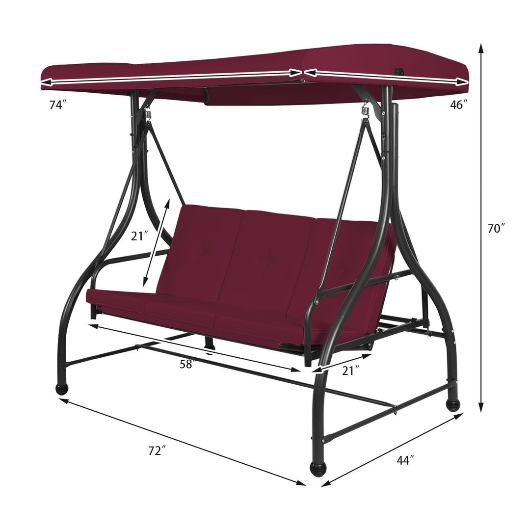 Converting Outdoor Swing Canopy Hammock 3 Seats Patio Deck Furniture Wine Red Image 2