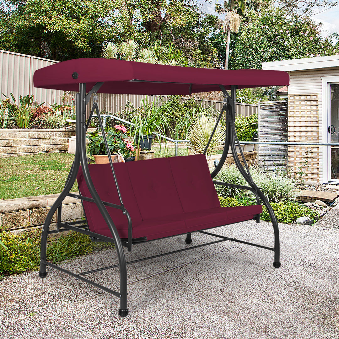 Converting Outdoor Swing Canopy Hammock 3 Seats Patio Deck Furniture Wine Red Image 3