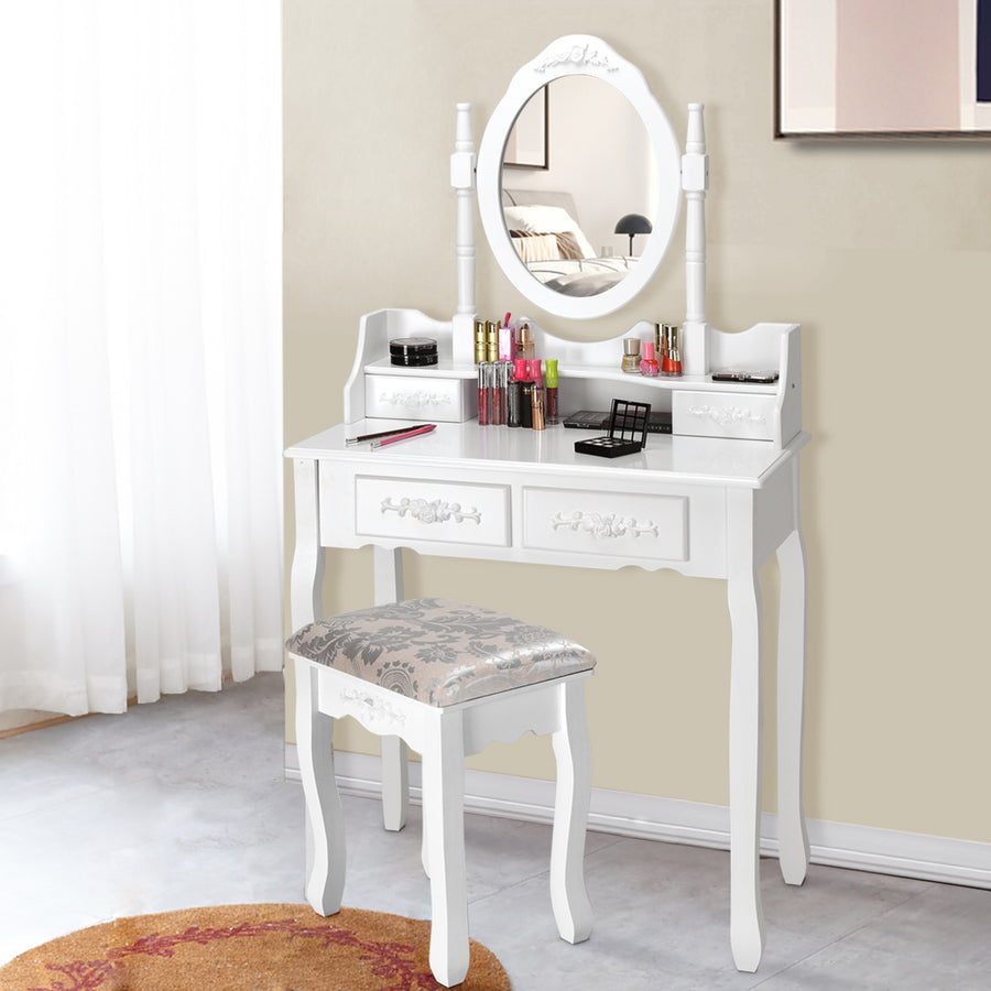 Vanity Wood Makeup Dressing Table Stool Jewelry Desk 4 White Image 1