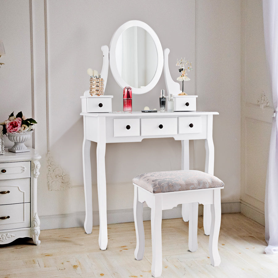 Makeup Desk Vanity Dressing Table Oval Stool 5 Storage Drawers Image 1