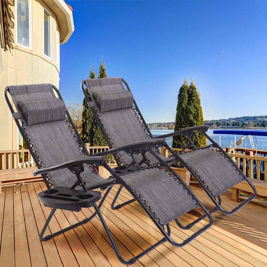 2PC Folding Zero Gravity Reclining Lounge Chairs Beach Patio W/Utility Tray Image 2