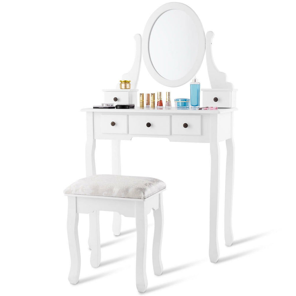 Makeup Desk Vanity Dressing Table Oval Stool 5 Storage Drawers Image 2