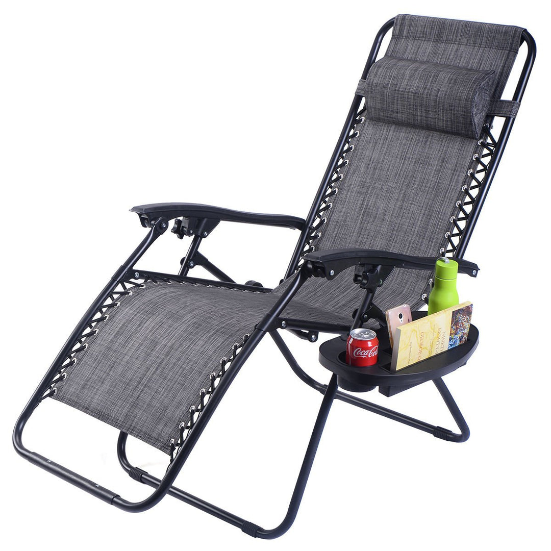 2PC Folding Zero Gravity Reclining Lounge Chairs Beach Patio W/Utility Tray Image 4