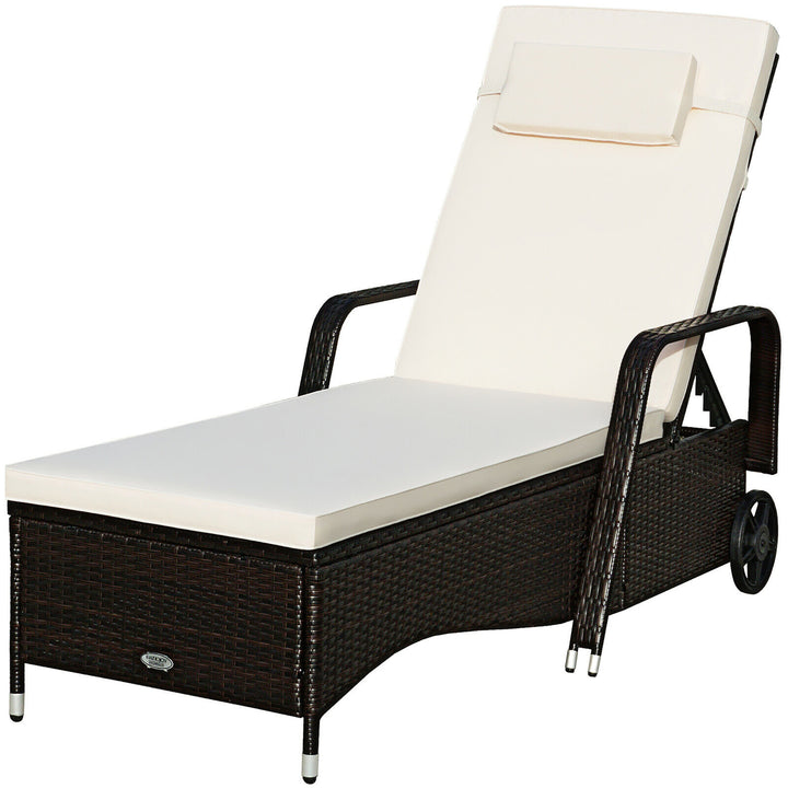 Outdoor Chaise Lounge Chair Recliner Cushioned Patio Furniture Adjustable Wheels Brown Image 2