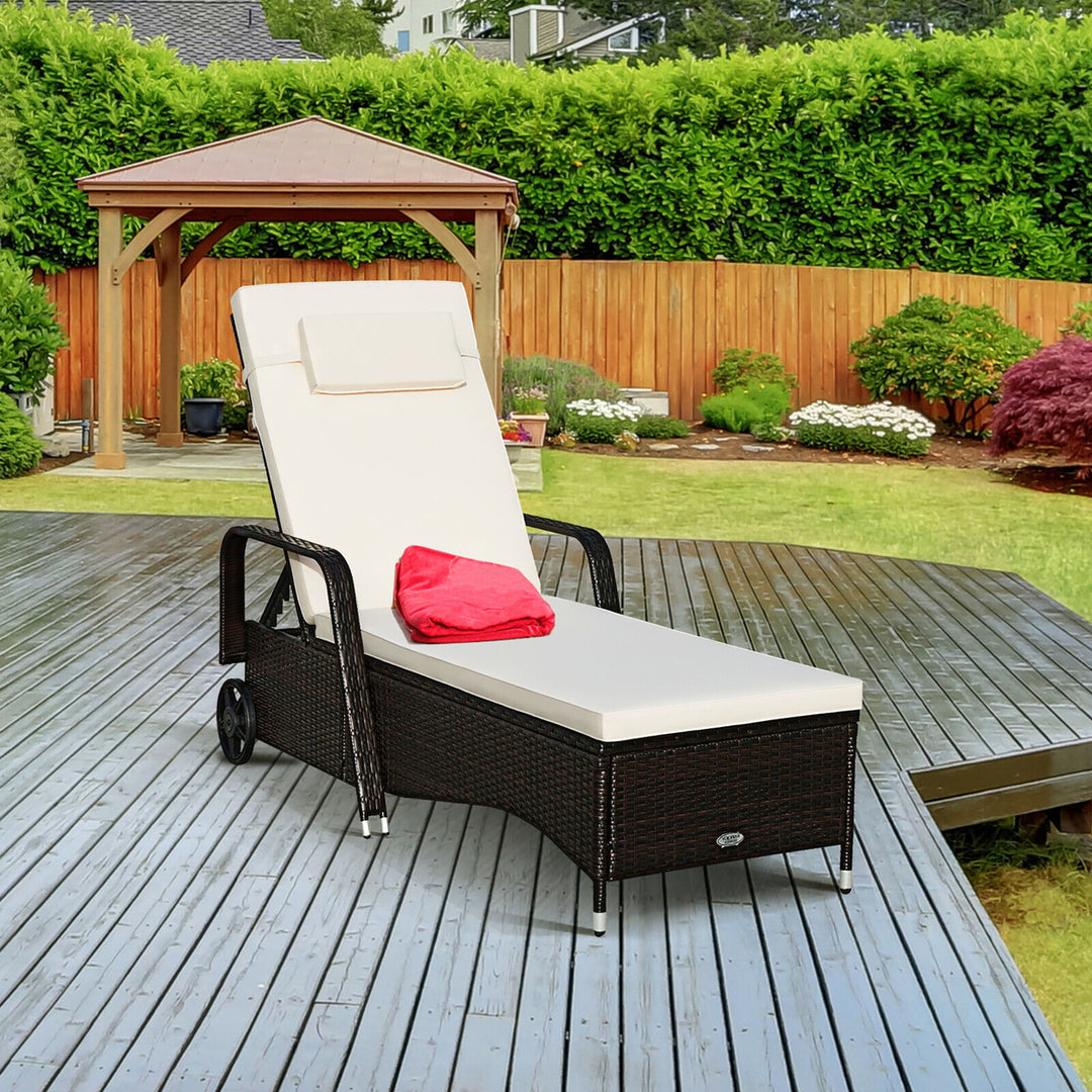 Outdoor Chaise Lounge Chair Recliner Cushioned Patio Furniture Adjustable Wheels Brown Image 4