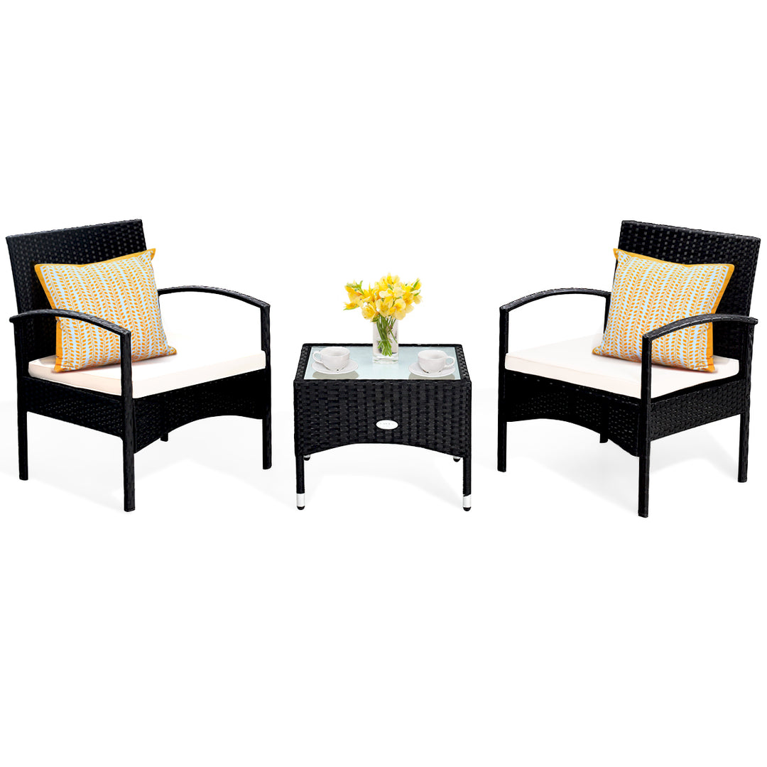 3 PCS Furniture Set Table and 2 Chair Patio Wicker Rattan W/Cushion Image 2