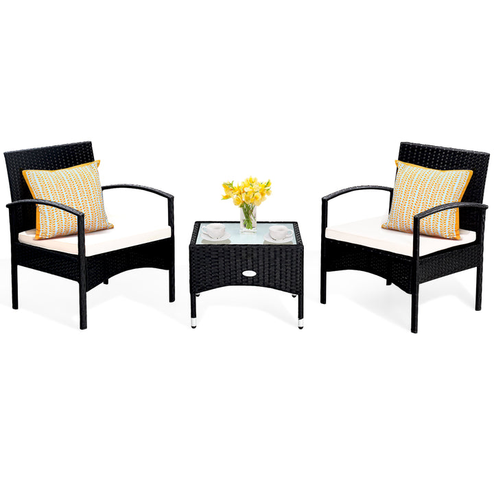 3 PCS Furniture Set Table and 2 Chair Patio Wicker Rattan W/Cushion Image 2