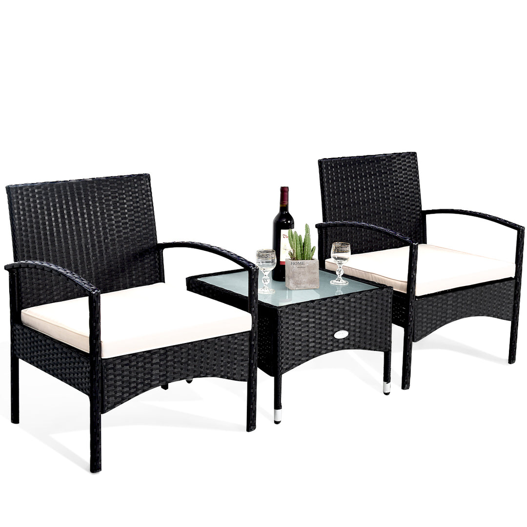 3 PCS Furniture Set Table and 2 Chair Patio Wicker Rattan W/Cushion Image 3