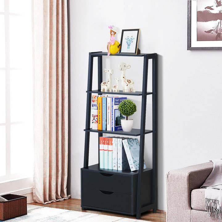 Set of 2 Ladder Shelf 4-Tier Bookshelf Bookcase Storage Leaning With 2 Drawers Image 8