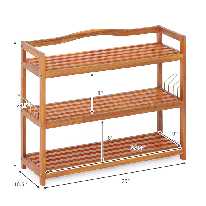 3-Tier Wood Shoe Rack Solid Acacia Wood Shoe Shelf with Side Metal Hooks Image 4