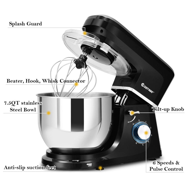 Tilt-Head Stand Mixer 7.5 Qt 6 Speed 660W with Dough Hook, Whisk and Beater Black Image 4