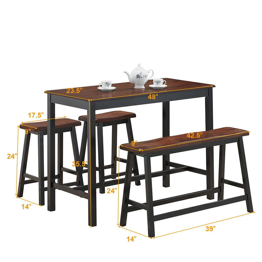 4 Pcs Solid Wood Counter Height Table Set w/ Height Bench and Two Saddle Stools Brown Image 2