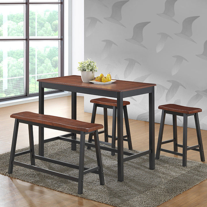 4 Pcs Solid Wood Counter Height Table Set w/ Height Bench and Two Saddle Stools Brown Image 3