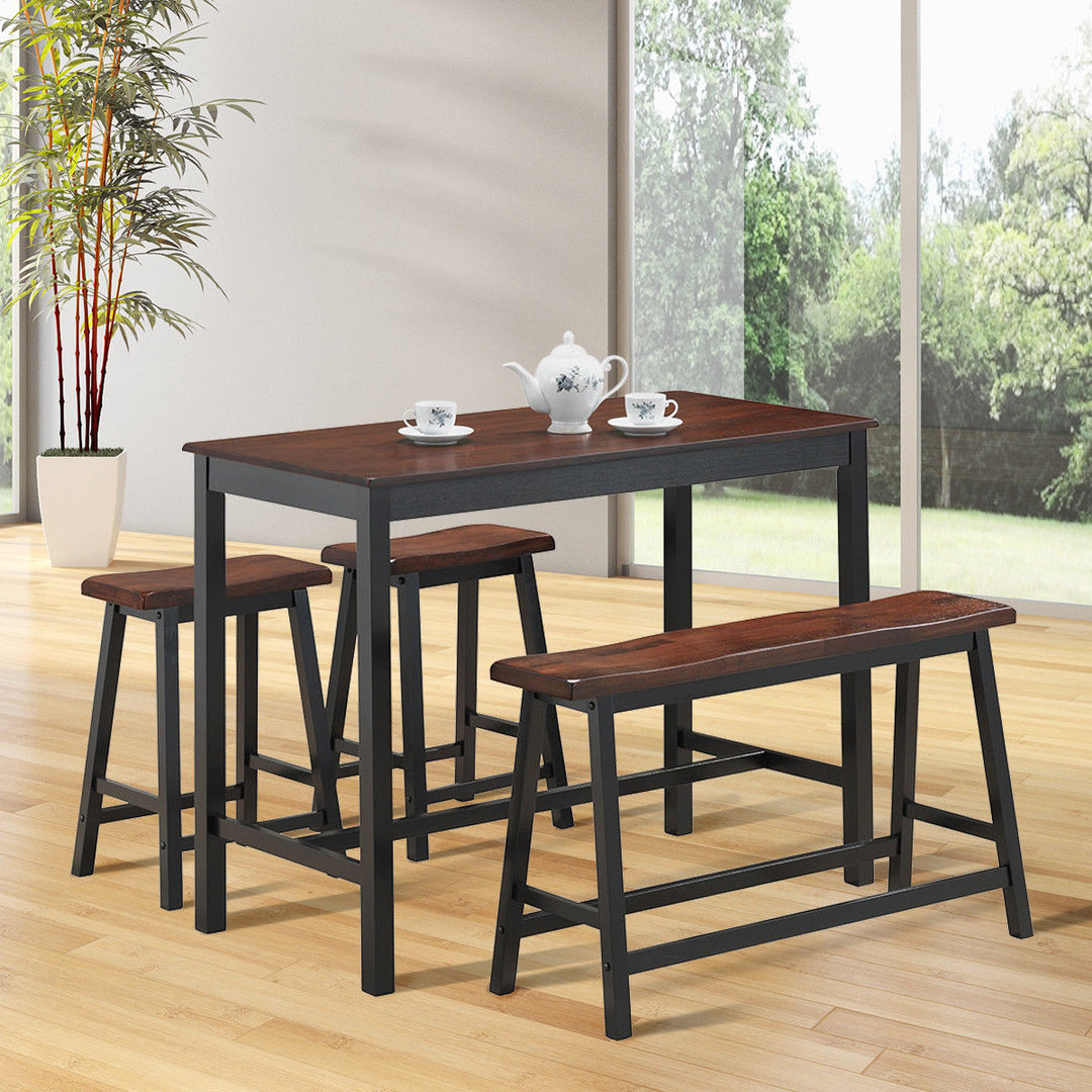 4 Pcs Solid Wood Counter Height Table Set w/ Height Bench and Two Saddle Stools Brown Image 4