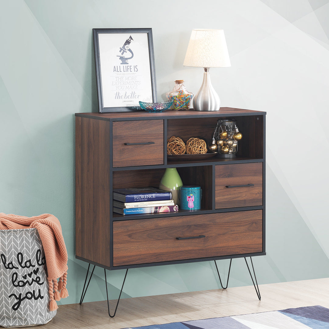 Sideboard Storage Cabinet Multipurpose Display Unit w/Metal Leg and Drawers Walnut Image 2