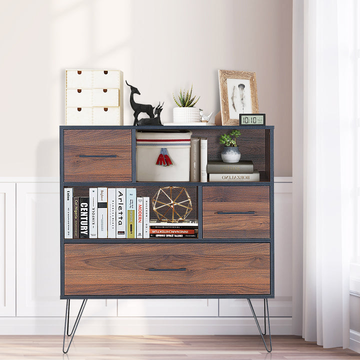 Sideboard Storage Cabinet Multipurpose Display Unit w/Metal Leg and Drawers Walnut Image 3