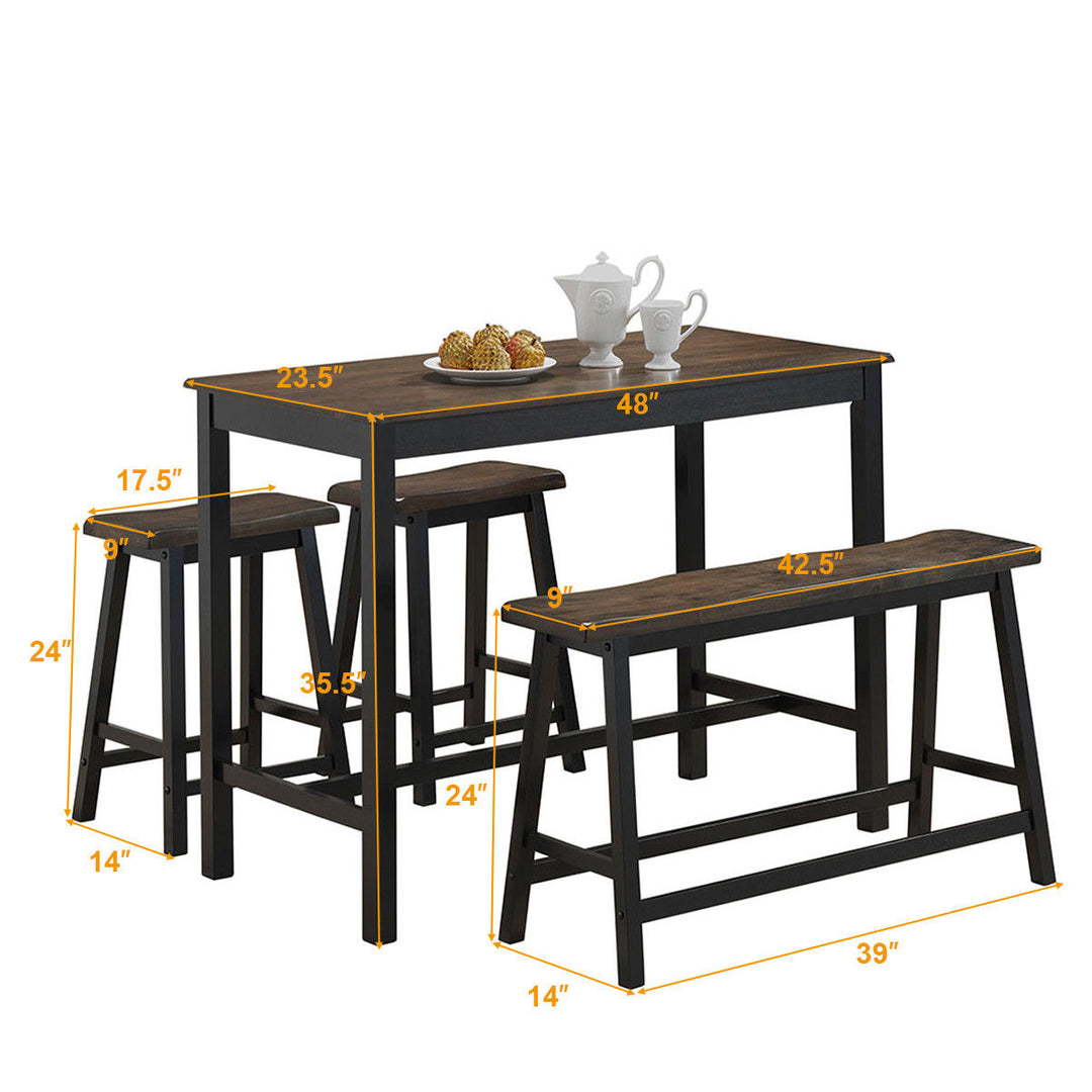 4 Pcs Solid Wood Counter Height Table Set w/ Height Bench and Two Saddle Stools Image 2