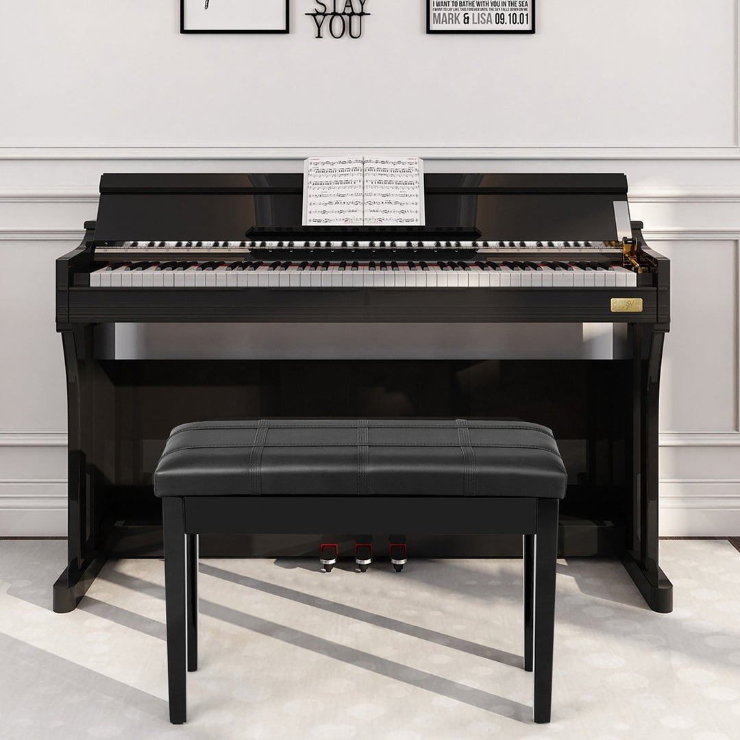 Solid Wood PU Leather Piano Bench Padded Double Duet Keyboard Seat Storage Black Image 3