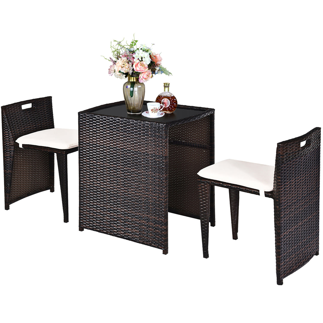 3PCS Outdoor Patio Rattan Furniture Set Space Saving Garden Deck W/Cushion No Assembly Image 2