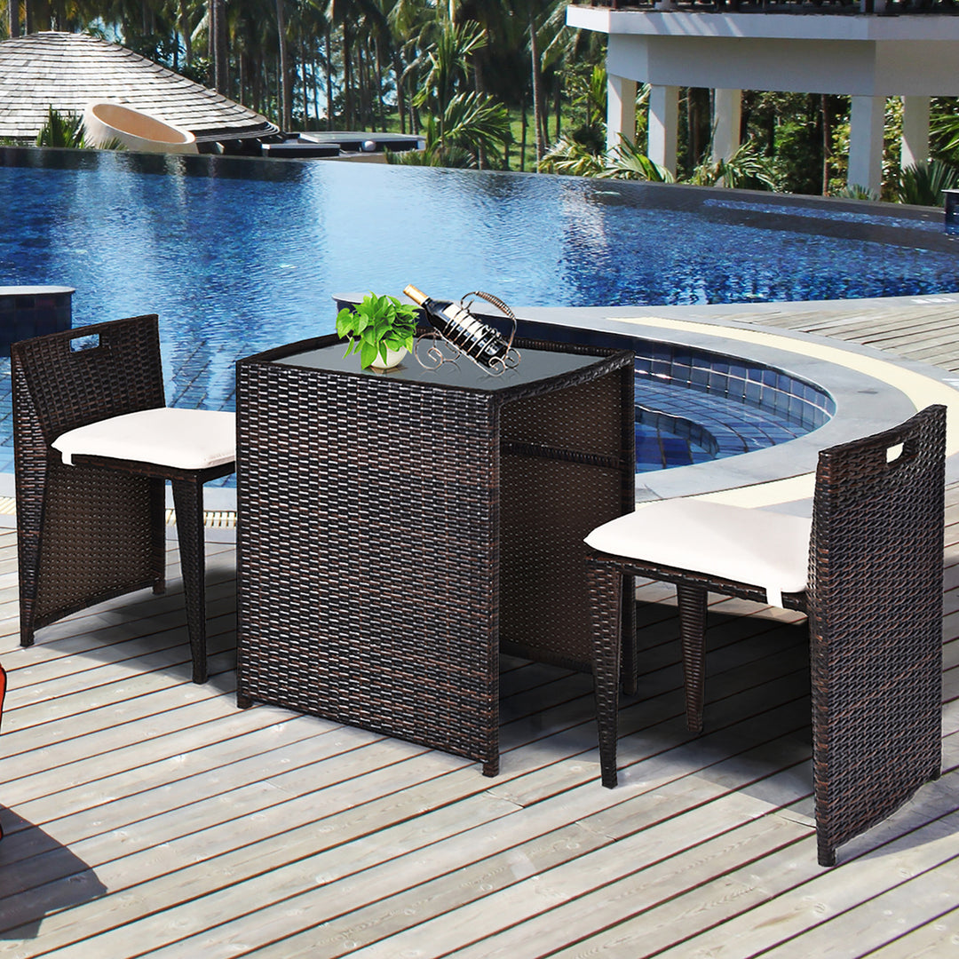 3PCS Outdoor Patio Rattan Furniture Set Space Saving Garden Deck W/Cushion No Assembly Image 4