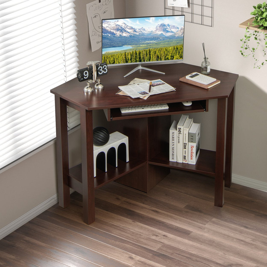 Wooden Corner Desk With Drawer Computer PC Table Study Office Room Brown Image 2