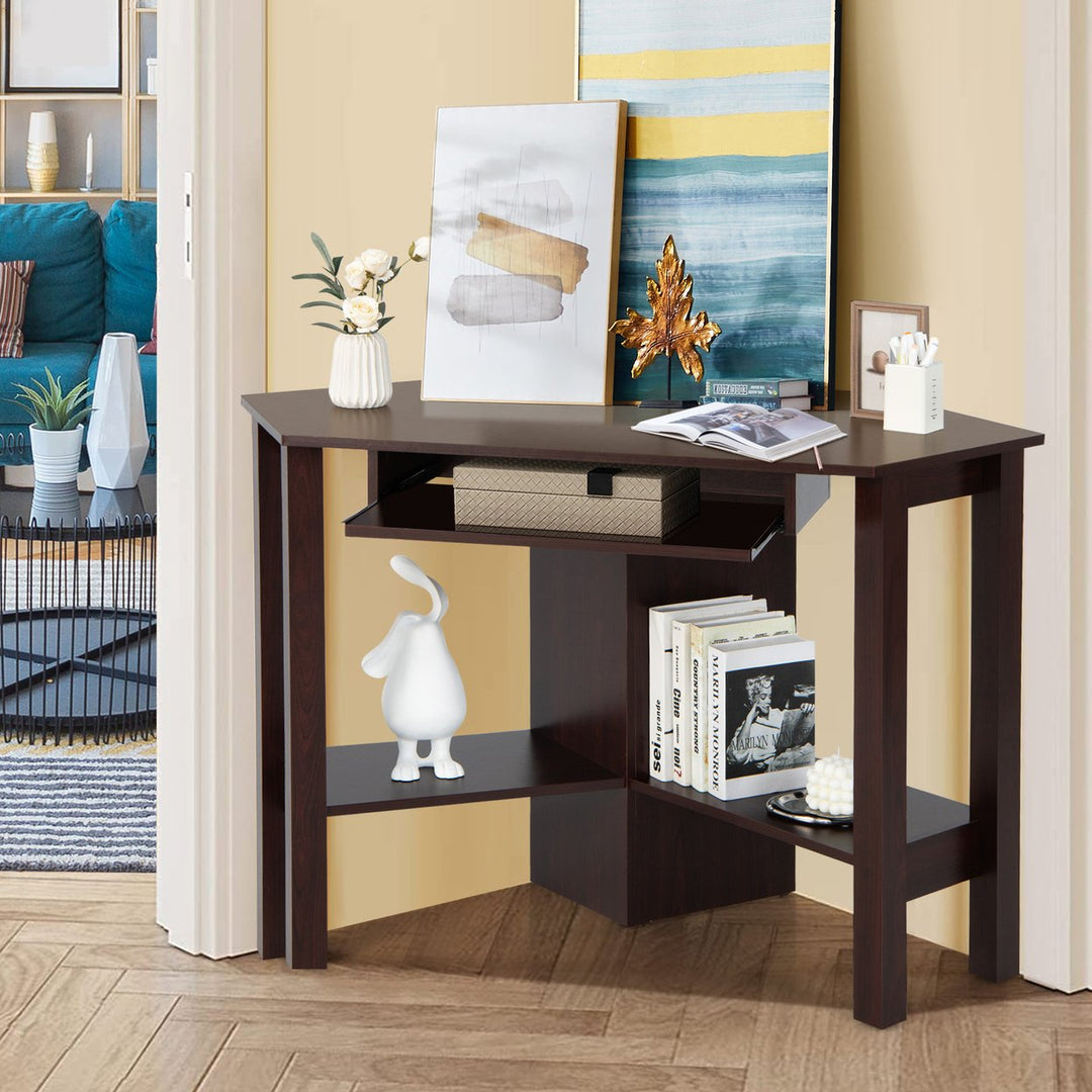 Wooden Corner Desk With Drawer Computer PC Table Study Office Room Brown Image 4