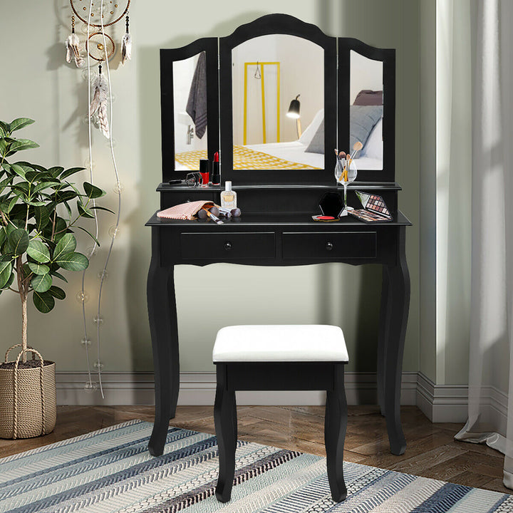 Vanity Makeup Dressing Table Set W/Stool 4 DrawerandMirror Jewelry Wood Desk Black Image 1