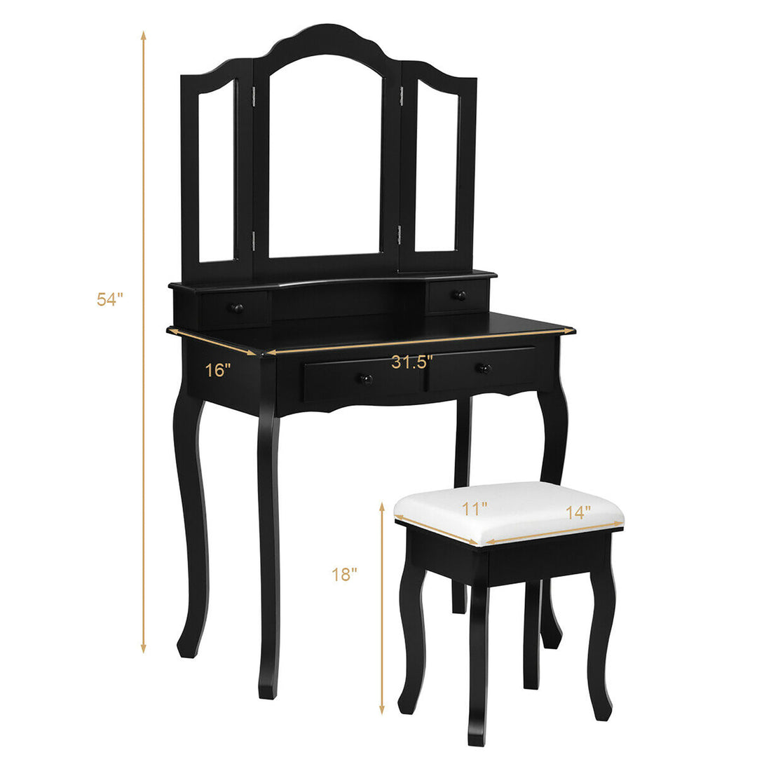 Vanity Makeup Dressing Table Set W/Stool 4 DrawerandMirror Jewelry Wood Desk Black Image 3